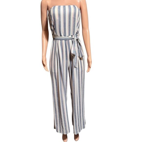 Trac women strapless stripe tie waist jumpsuit L - Picture 6 of 7